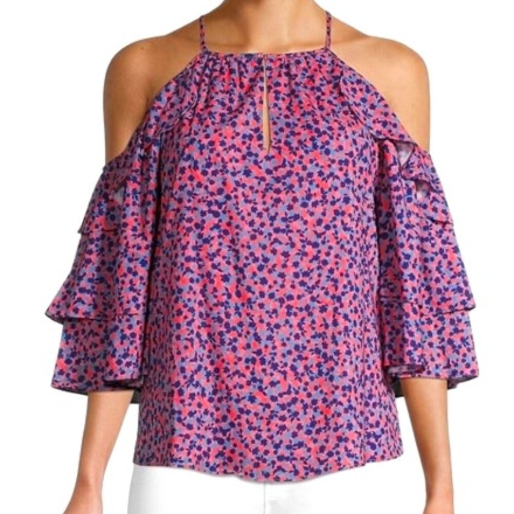 NWT PARKER Cold Shoulder Dahlias Floral Halter Neck Blouse, XS
